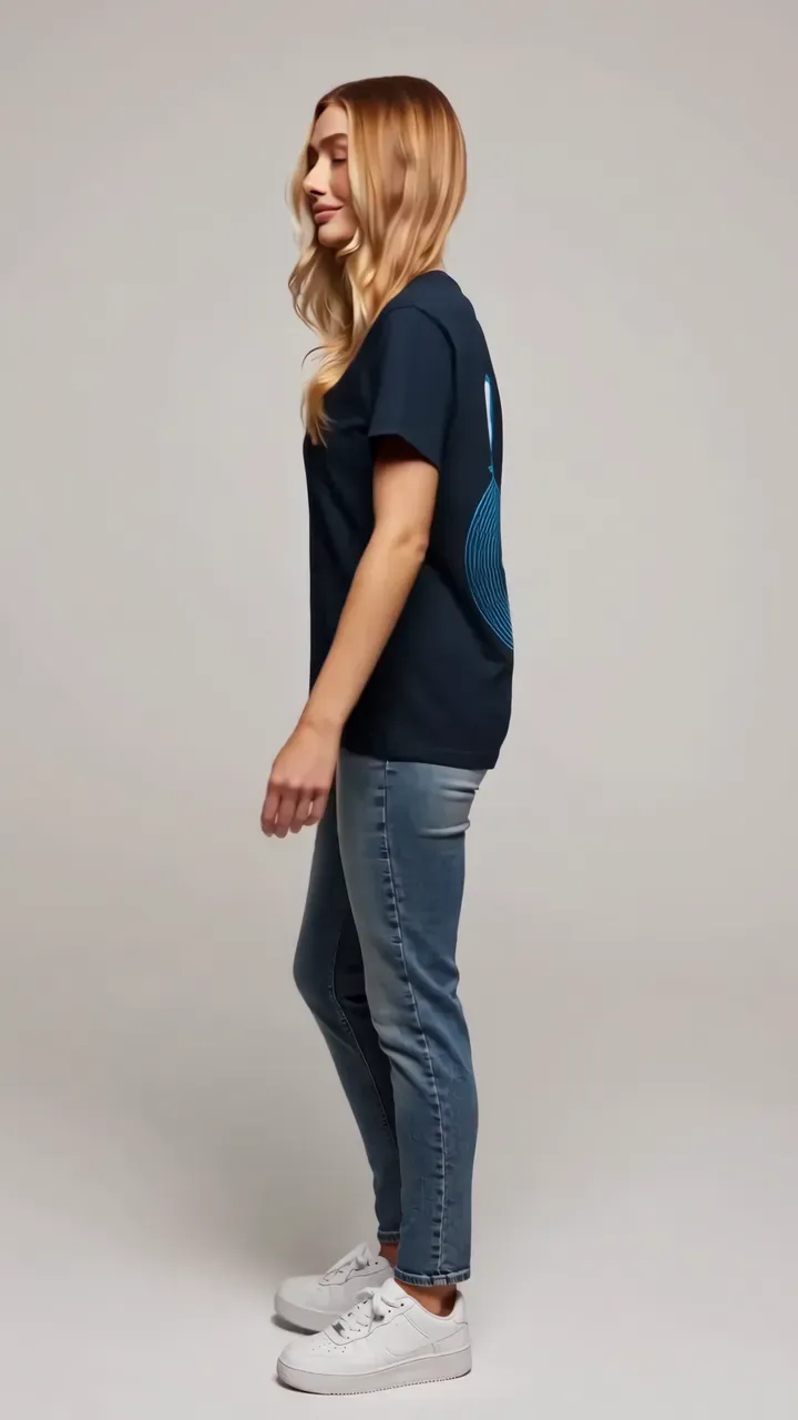 Fotogramma verticale: una persona ripresa di profilo a figura intera, con una t-shirt blu scuro con grafica sul retro, su fondo neutro uniforme.