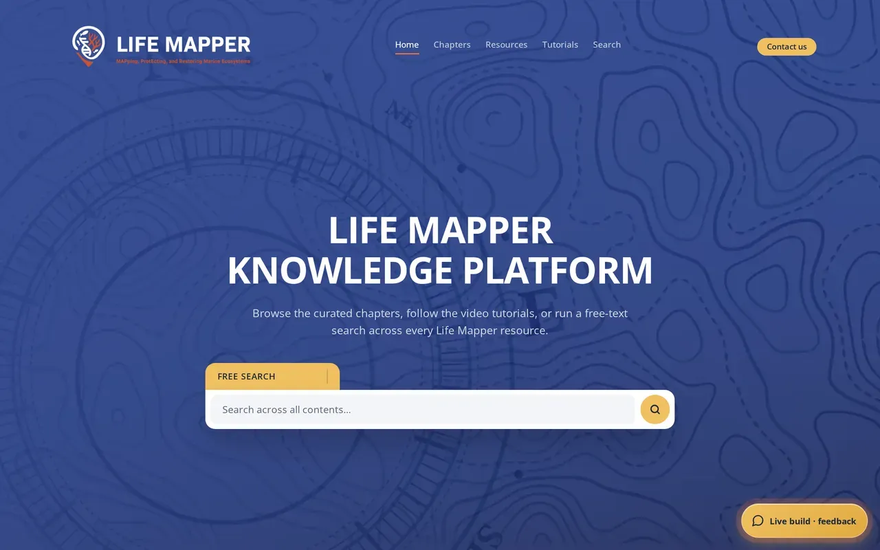 Schermata della knowledge platform di Life Mapper, con la barra di ricerca e i filtri a faccette nella colonna laterale.