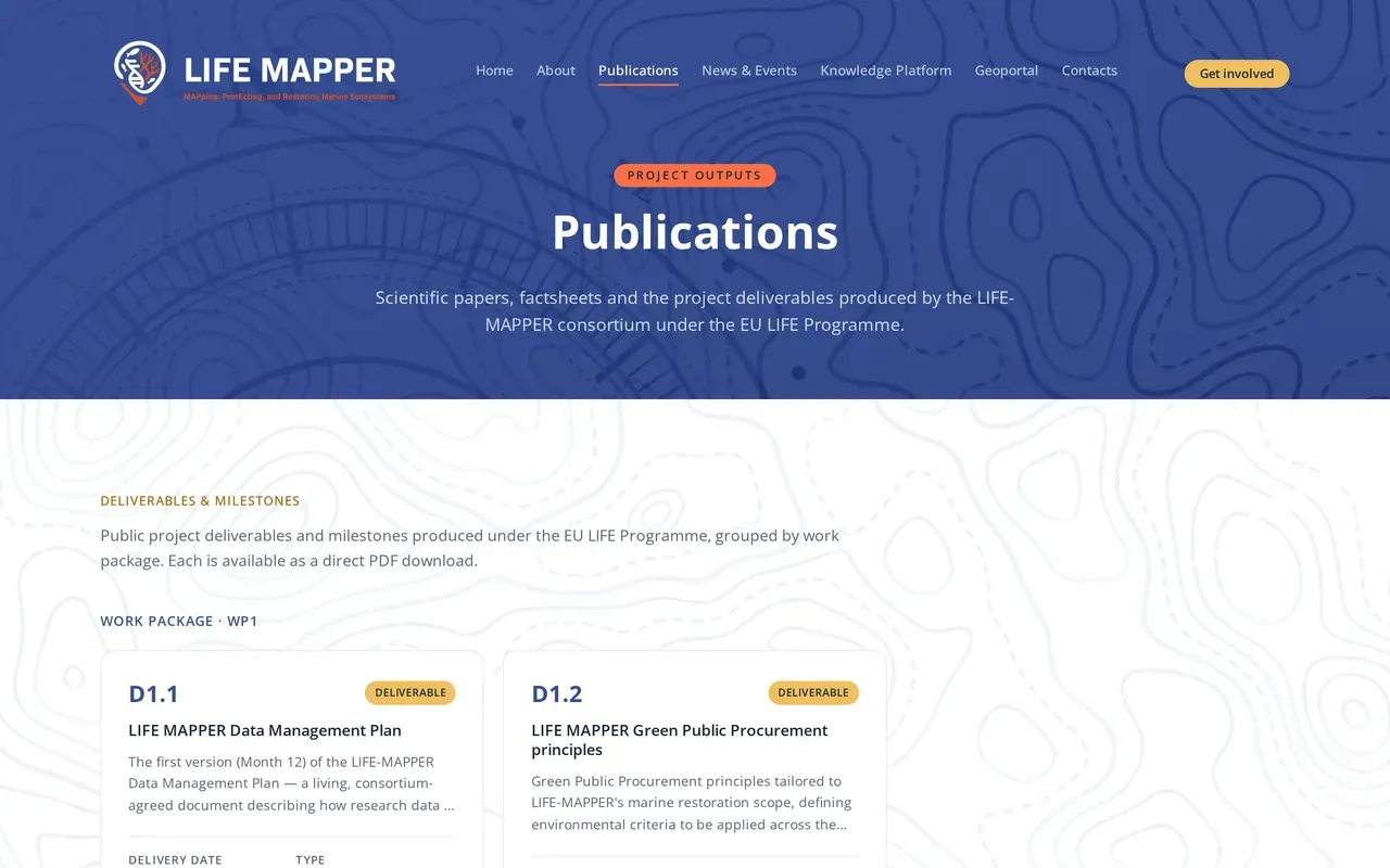 Schermata dell’elenco pubblicazioni di Life Mapper, con titolo, autori e riferimenti per ogni voce.